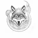 A dotwork tattoo of a wolf howling at the moon with a Game of Thrones inspired background tattoo design idea