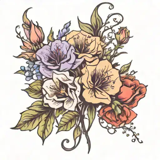 larkspur, poppy, gladiolus and rose flower with string tattoo design idea