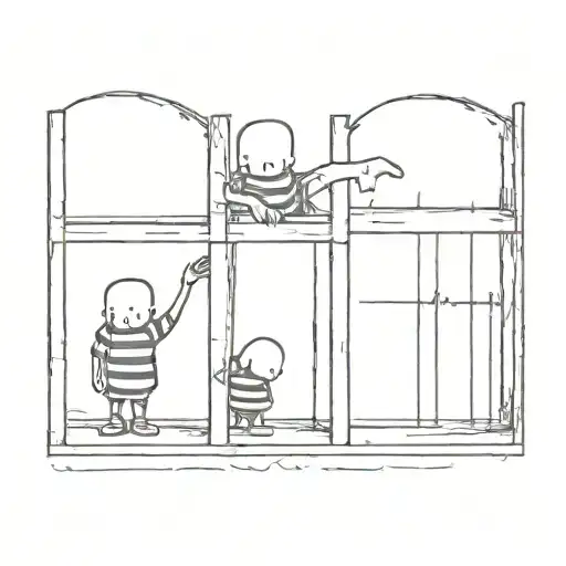 A surreal tattoo featuring cartoon characters behind bars in a jail cell tattoo design idea