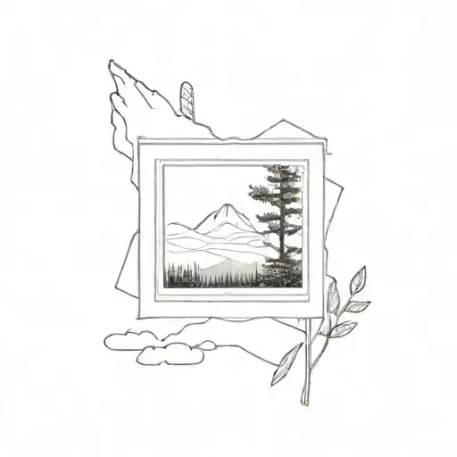 polaroid picture frame, inside Window and landscape blurry  tattoo design idea
