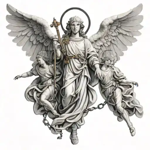 3 ultra-realistic archangels holding chains tattoo design idea