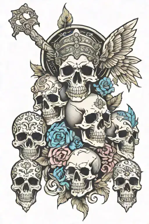 boonrock saints, skulls, indian skull, two angels praying, boston skyline tattoo design idea