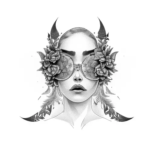 uma mulher mistica, rodeada de flores, folhas e ramos tattoo design idea