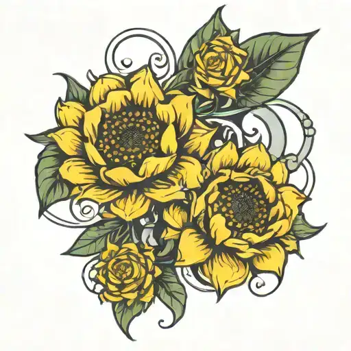 sunflower chain in the style of a daisy chain and a yellow rose in the middle tattoo design idea