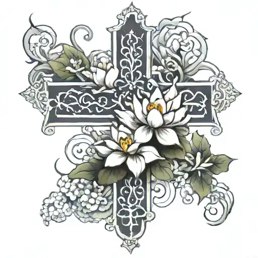 Catholic cross with lotus flower blooming with vines   tattoo design idea