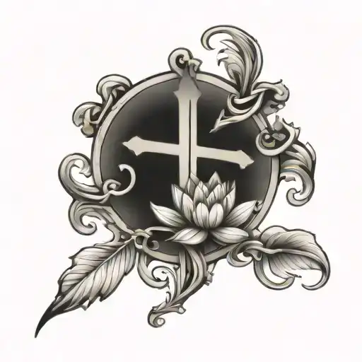 Catholic cross with lotus flower blooming with vines   tattoo design idea