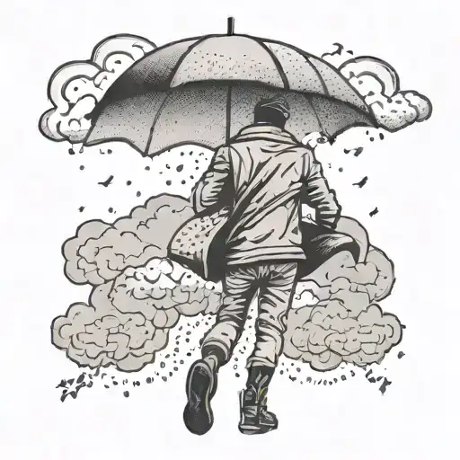 A symbolic tattoo of a person holding an umbrella in a thunderstorm, with lightning striking nearby tattoo design idea