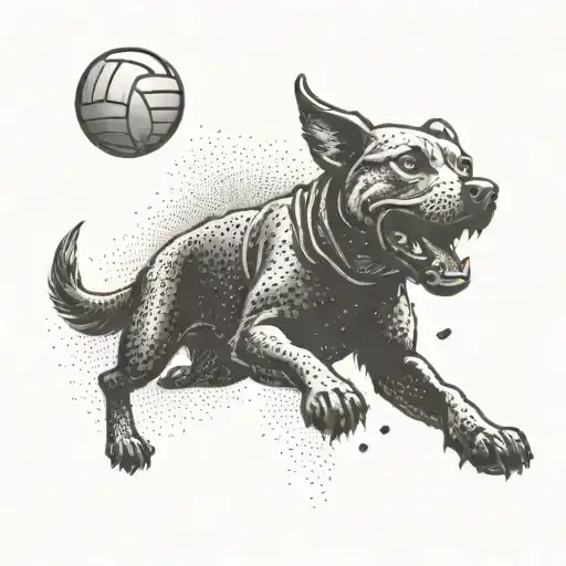 A dotwork tattoo of a dog playing volleyball on a street racing track tattoo design idea