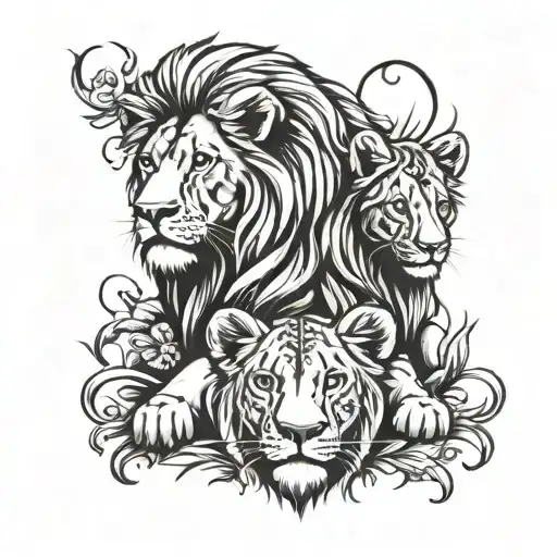 lion and two cubs laying down  tattoo design idea
