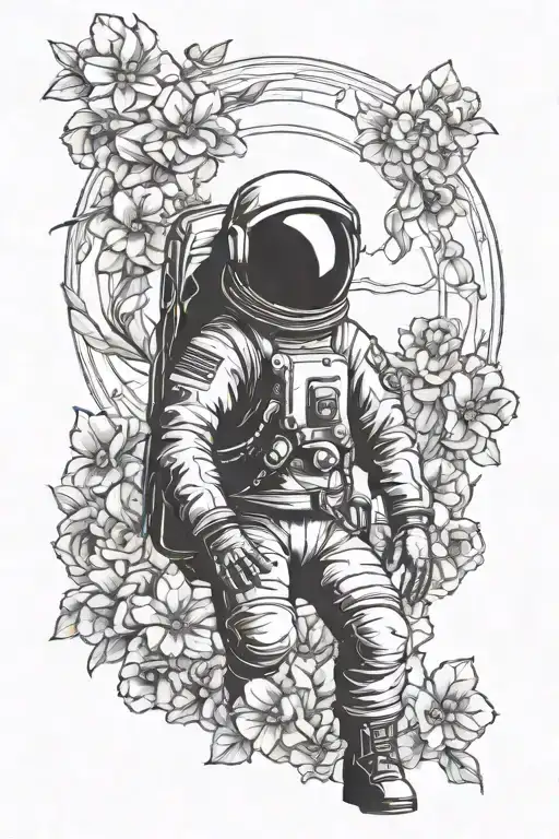 man in a jacket, wearing an astronaut helmet, with a backdrop of the Earth and beautiful flowers symme tattoo design idea