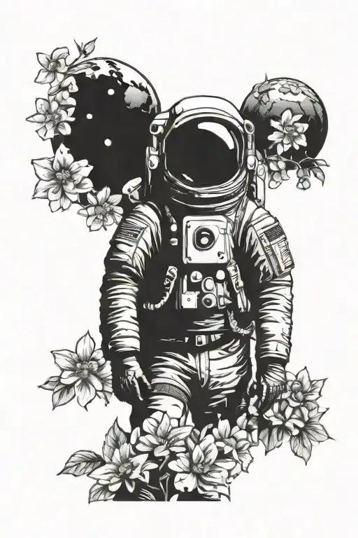 cosmonaut in a jacket, wearing an astronaut helmet, with a backdrop of the Earth and beautiful flowers symme tattoo design idea