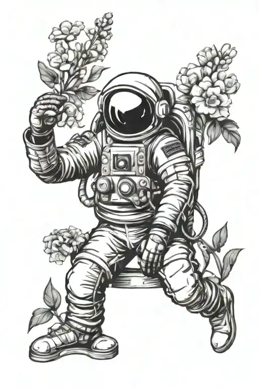 Astronaut (cosmonaut) in a jacket, wearing an astronaut helmet, with a backdrop of the Earth and beautiful flowers symme tattoo design idea