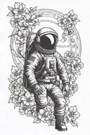 man in a jacket, wearing an astronaut helmet, with a backdrop of the Earth and beautiful flowers symme tattoo design idea