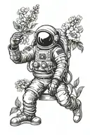 Astronaut (cosmonaut) in a jacket, wearing an astronaut helmet, with a backdrop of the Earth and beautiful flowers symme tattoo design idea