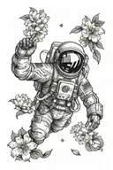 Astronaut (cosmonaut) in a jacket, wearing an astronaut helmet, with a backdrop of the Earth and beautiful flowers symme tattoo design idea
