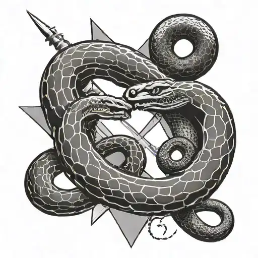 A minimalist design of two pythons slithering around two crossed swords, with simple linework and shading to highlight the shapes, and the Aum symbol subtly placed in the background tattoo design idea