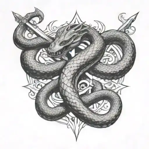 Two pythons wrapped around two crossed swords with flames and a hindu aum sign tattoo design idea