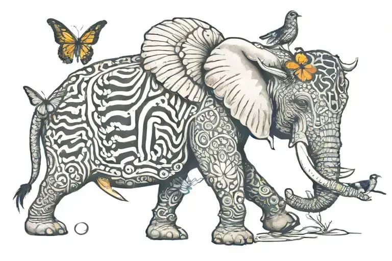 African bull elephant holding a monarch butterfly on his trunk with a chicken, penguin, and rook perched on his back. tattoo design idea