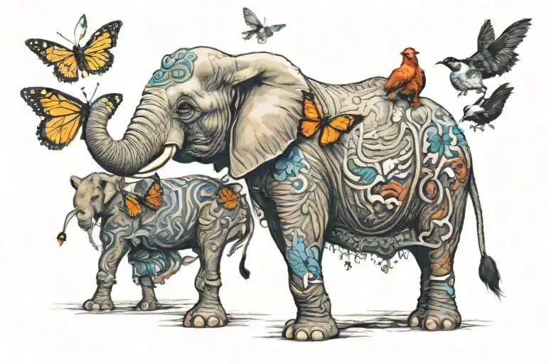 African bull elephant holding a monarch butterfly on his trunk with a chicken, penguin, and rook perched on his back. tattoo design idea