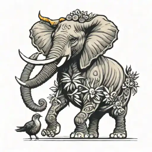 African bull elephant holding a monarch butterfly on his trunk with a chicken penguin and rook riding his back. tattoo design idea