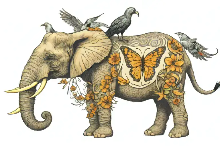 African bull elephant holding a monarch butterfly on his trunk with a chicken penguin and rook riding his back. tattoo design idea