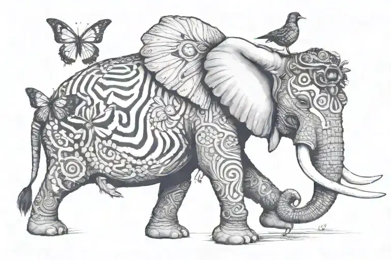 African bull elephant holding a monarch butterfly on his trunk with a chicken, penguin, and rook perched on his back. tattoo design idea