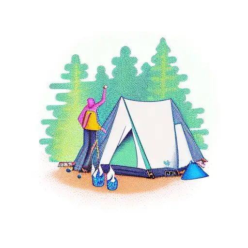 camping in forest with green tent and chocolate labrador  tattoo design idea