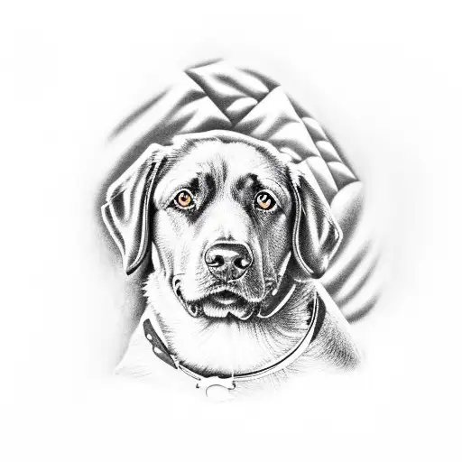 A realistic portrait of your chocolate Labrador sitting by a campfire, capturing the bond between you tattoo design idea