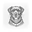 A realistic portrait of your chocolate Labrador sitting by a campfire, capturing the bond between you tattoo design idea
