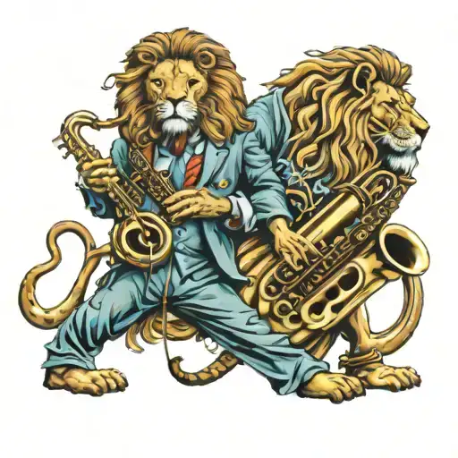 lion and saxophone player standing tattoo design idea