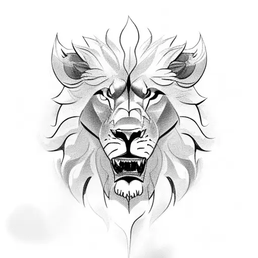 front facing closeup of lion showing teeth next to a front facing closeup of wolf showing teeth next to a side profile o tattoo design idea
