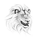 front facing closeup of lion showing teeth next to a front facing closeup of wolf showing teeth next to a side profile o tattoo design idea