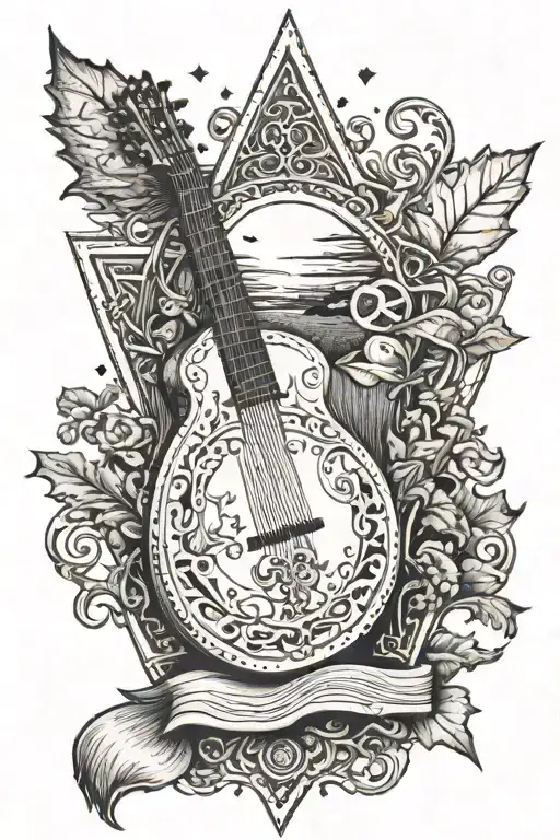 a lute, an ornate tome (book), the triangle  a mystical oak leaf, and a moon in the background.  tattoo design idea