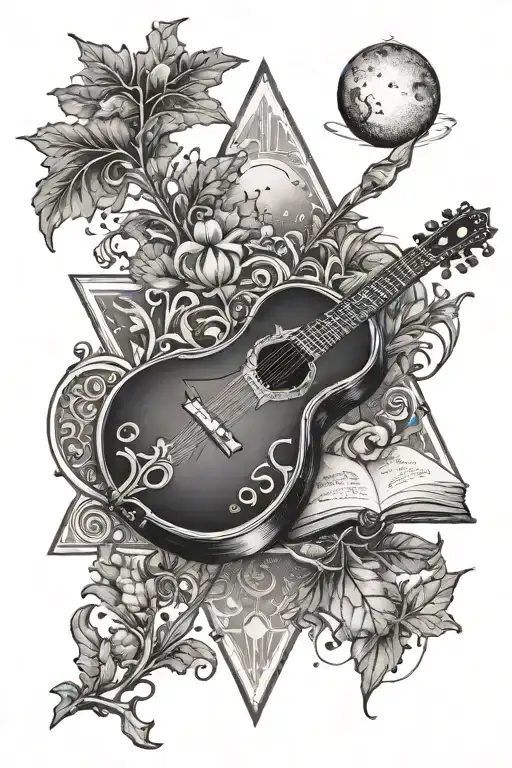 a lute, an ornate tome (book), the triangle symbol of the Amir, a mystical oak leaf, and a moon in the background. tattoo design idea