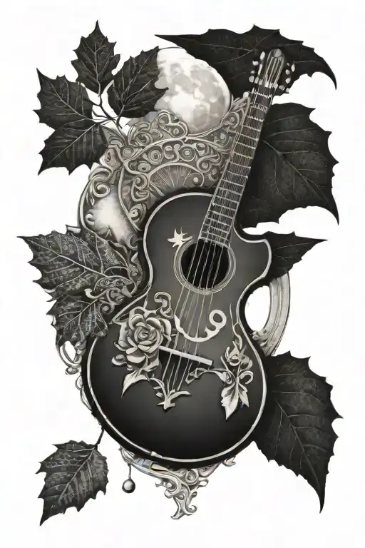 a lute, an ornate tome (book), the triangle  a mystical oak leaf, and a moon in the background.  tattoo design idea