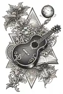 a lute, an ornate tome (book), the triangle symbol of the Amir, a mystical oak leaf, and a moon in the background. tattoo design idea