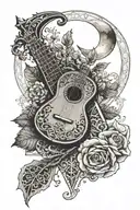 a lute, an ornate tome (book), the triangle symbol of the Amir, a mystical oak leaf, and a moon in the background. tattoo design idea
