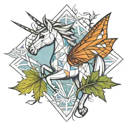 unicorn, dragonfly, maple leaf shaped like tattoo design idea