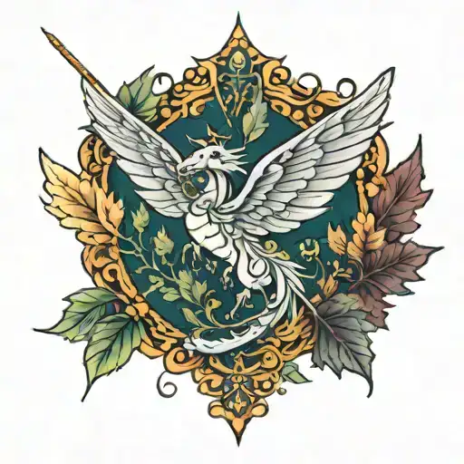 unicorn, dragonfly, maple leaf shaped like tattoo design idea
