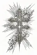 cross with 3 crosses at the bottom with light rays tattoo design idea