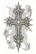 cross with 3 crosses at the bottom with light rays tattoo design idea