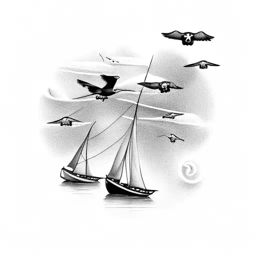 three little birds flying above a sailboat in the water  tattoo design idea
