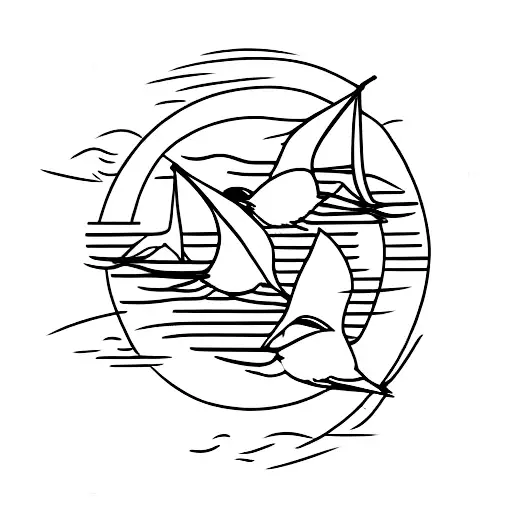 three little birds flying above a sailboat in the water  tattoo design idea