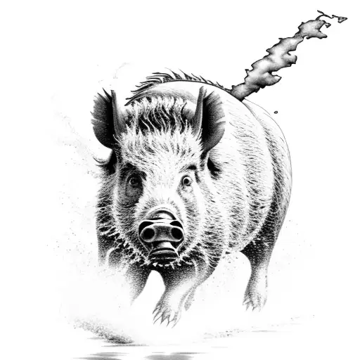 A fierce boar charging through a river with a sunset in the background tattoo design idea
