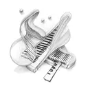 arm sleeve with piano keys and guitar strings tattoo design idea
