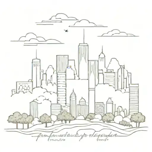 A skyline combining elements of Indianapolis and Atlanta with hiking trails weaving through the cityscape tattoo design idea
