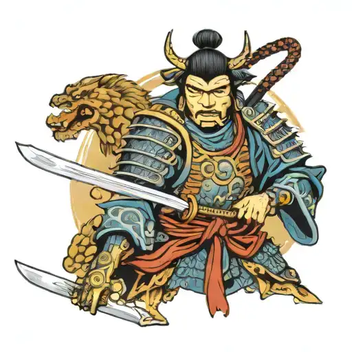 Samurai in armor with katana in Hanya mask tattoo design idea