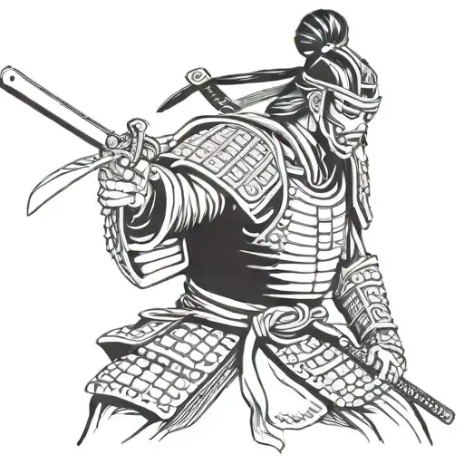 Samurai in armor with katana in Hanya mask tattoo design idea
