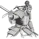 Samurai in armor with katana in Hanya mask tattoo design idea