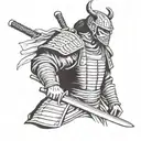 Samurai in armor with katana in Hanya mask tattoo design idea
